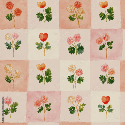 Watercolor Chrysanthemums and Hearts Seamless Pattern: A sweet illustration on pastel peach and cream checkered squares, ideal for wrapping paper, fabric print, or other creative projects