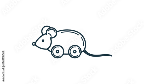 Simple line art of a mouse toy with wheels, nursery decor and children's play concept vector illustration