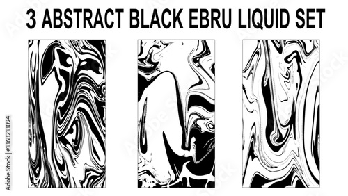 Set of abstract backgrounds. Ink marbling textures. Black and white. Hand drawn marble illustrations, ebru aqua paper and silk prints.