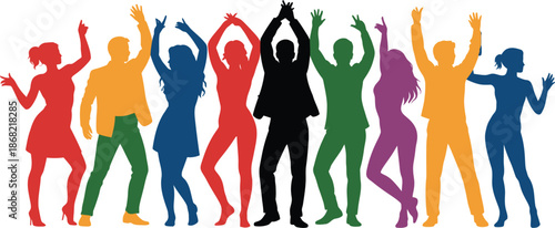 Diverse People Celebrating in Rainbow Colors on White Background