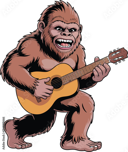 Bigfoot Playing Guitar on White Background