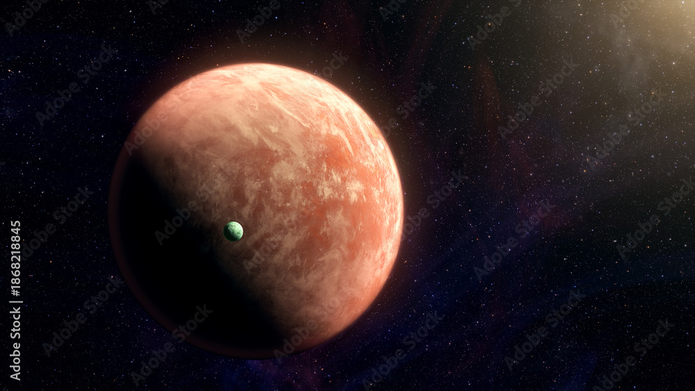 Fototapeta premium Cinematic motion render of sci fi space alien planet and moon near a glowing star, detailed exoplanet surface, deep space background, dramatic lighting, futuristic and mysterious mood