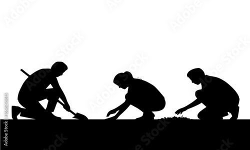 Silhouette of People Planting Saplings in the Soil, Group of Volunteers Gardening, Environmental Conservation, Sustainability Concept, Reforestation, Growth and Teamwork, Isolated on White Background