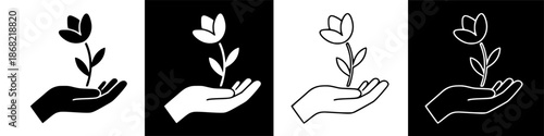 Conceptual graphic icon: human hand gently holding a blooming flower blossom, symbolizing care.