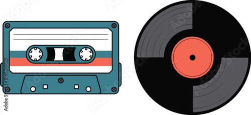 Retro Cassette Tape and Vinyl Record on White Background