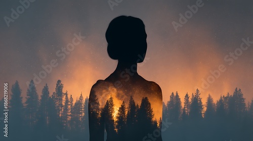 A silhouette of a woman surrounded by a fiery forest, symbolizing the connection between nature and human emotion.