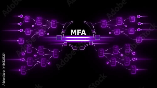 M F A Multi- Factor Authentication Cybersecurity Concept with Purple Neon Network Connections and Data Flow
