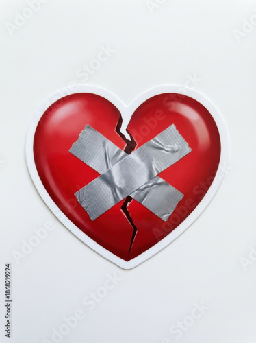 Red glossy broken heart shape fixed with silver duct tape cross. Concept of trying to repair a toxic relationship.
