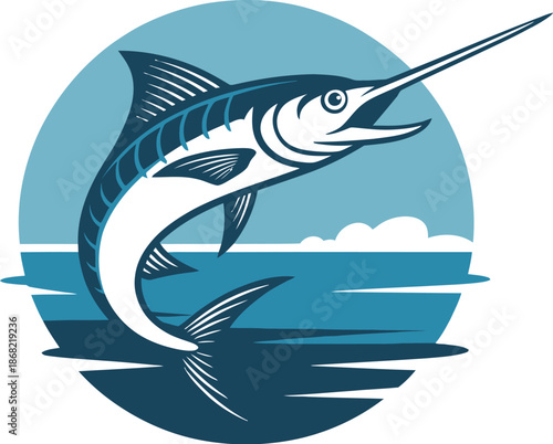 Marlin Fish Jumping Out of Water in Ocean Circle Illustration