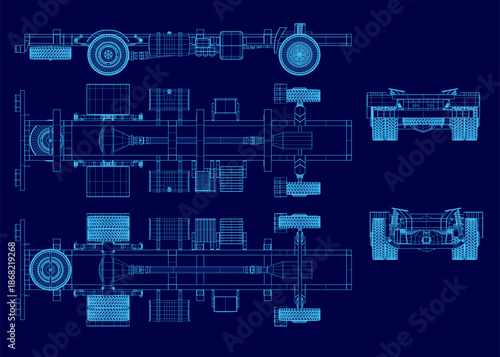 Detailed blueprint of a truck chassis set in wireframe view on a blue background. The technical drawing clearly displays the wheels, suspension, and other structural components.