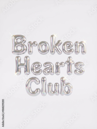 Broken Hearts Club text in silver chrome bubble typography. Y2K fashion aesthetic and streetwear design print.