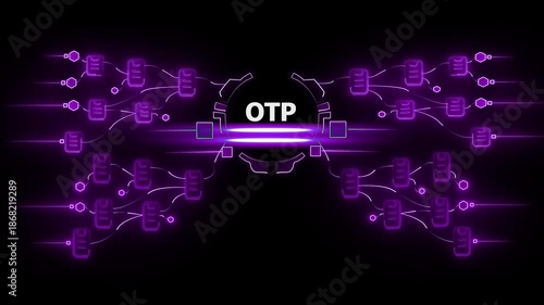 One Time Password O T P Authentication Concept with Neon Purple Network Connections and Mobile Devices on Black Background