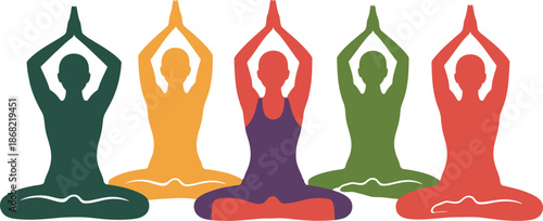 Multicolored Yoga Group Meditation on White Background