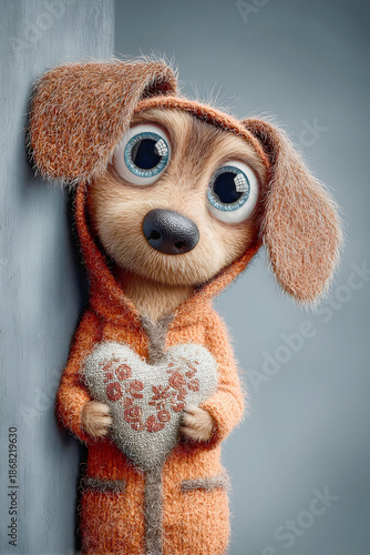 An endearing, fuzzy 3D puppy with wide blue eyes wears a cozy orange hooded robe, shyly clutching a white plush heart decorated with rustic red floral embroidery against a slate-grey wall