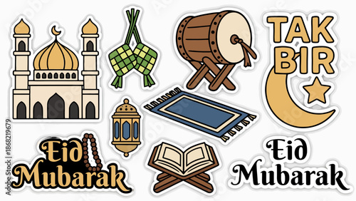 A vibrant and diverse Ramadan sticker set featuring traditional Islamic elements for festive decorations and cultural celebrations and spiritual observance