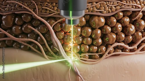 Detailed 3D animation illustrating a green laser beam precisely targeting and interacting with the various layers of human skin including the epidermis dermis and subcutaneous fat cells for advanced .