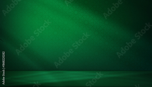 Ramadan Background,Elegant dark Green Islamic style and subtle geometric patterns,shadows on wall studio room.Backdrop mock up for Ramadan Kareem,Eid,Islamic product display, luxury branding,Spiritual