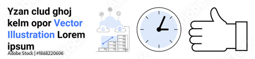 Business planning, time management, teamwork, approval, goal setting, efficiency. Visual includes a cloud with data, clock and thumbs-up symbol. Business planning and time management concepts