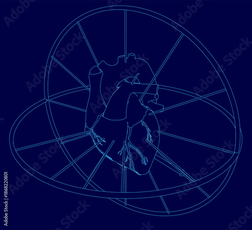 A blue background features a detailed human heart contour at its center, surrounded by a symbolic wheel of life with radiating spokes.
