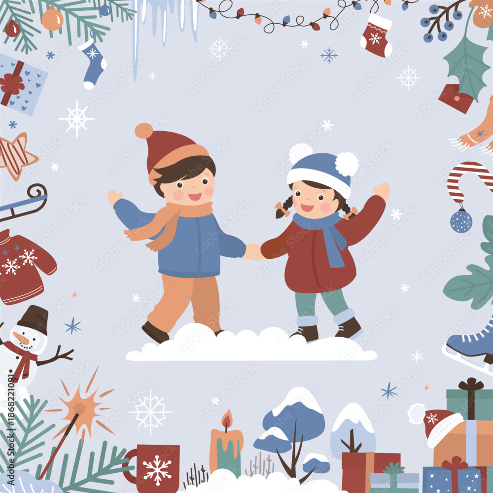 Fototapeta premium Hello winter, background, greeting card. Various winter signs, xmas gift and present, warm clothes. Happy kids, friends. December celebration and holidays.