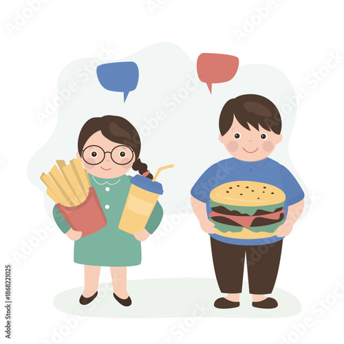 Chubby children holding junk food. A fat, smiling boy and girl dream of fast food and unhealthy sweets. Childhood obesity. little kids eat hamburger, french fries and soda.