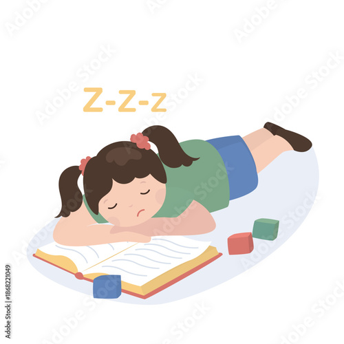 Tired sleepy child lying on floor with opened book. Cartoon sleepy girl reading fairy tales on home floor with toys, lazy kid yawning in need of rest and sleep after reading