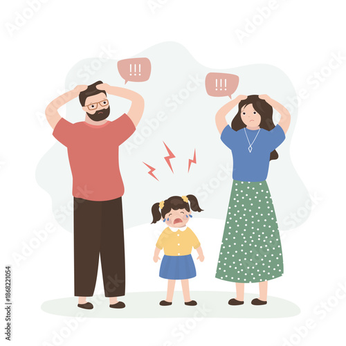 Tantrums in young children. Crying child and unhappy parents with negative emotions. Family problems. Psychological difficulties in communicating with children