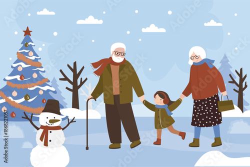 Snow, winter park, grandparents and granddaughter spending time together. Outdoor activity. Elderly people and little girl in warm clothes walking.