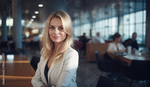 Confident Blonde Businesswoman Sitting in Modern Office