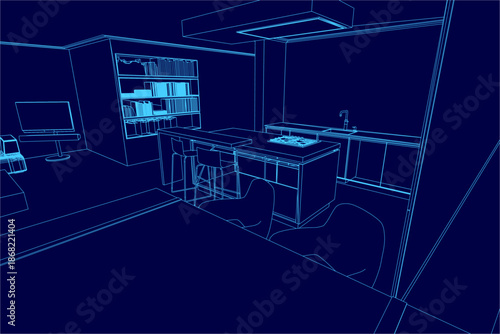 A minimalist loft interior blueprint in contour line style, featuring a kitchen table with chairs, a cupboard full of books, and a sink with tap.