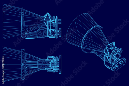 A detailed blueprint of a rocket engine set against a blue background, featuring the intricate contour and technical components of the propulsion system.