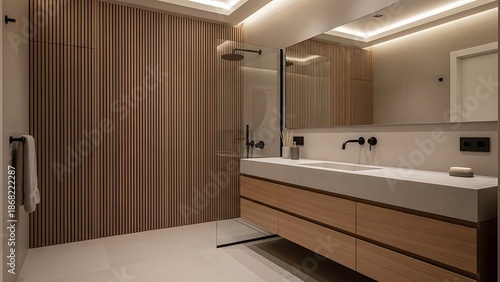 minimalist bathroom interior in warm greige and natural wood tones