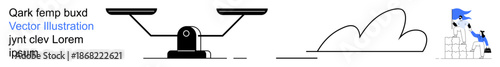 Business competition, fairness, progress, decision making, determination, success. A scale beside a cloud and a figure climbing steps. Fairness and progress visualization