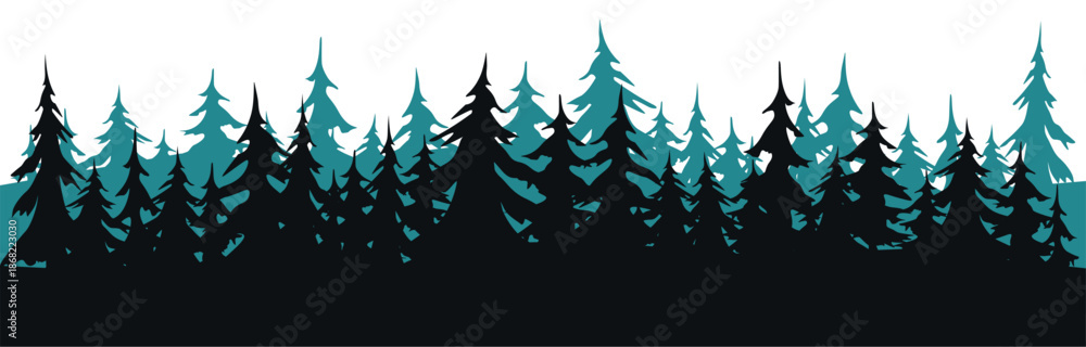 Obraz premium Coniferous spruce panorama. Seamless forest of Christmas fir trees silhouette. Park of evergreen wood. Vector on white background. Forest silhouette of pine trees creating