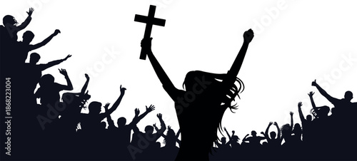 People raising hands in devotion while a woman holds a cross during a religious celebration. Crowd of people worshiping Christian cross in silhouette