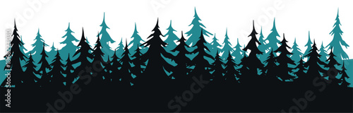 Coniferous spruce panorama. Seamless forest of Christmas fir trees silhouette. Park of evergreen wood. Vector on white background. Forest silhouette of pine trees creating