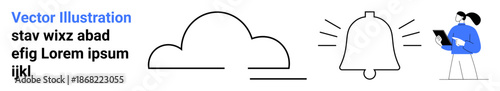 Cloud storage, digital alerts, online notifications, information technology, digital devices, user interaction. Simple cloud, notification bell and a person holding a tablet. Cloud storage