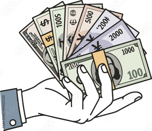 A hand in a blue suit sleeve holds a wide fan of diverse international paper currency, including dollar and yen notes. A professional vector illustrating global finance and wealth.
