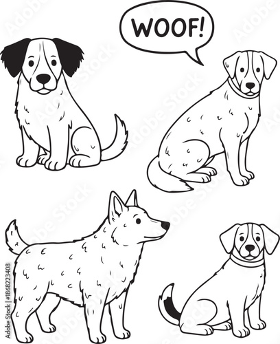 A delightful collection of popular dog breeds in clean line art, including a Corgi, Dachshund, Poodle, Golden Retriever, and Bulldog. Ideal for pet-themed coloring pages and creative designs.