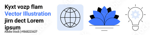 Global connectivity, innovation, nature symbolism, creativity, technology, sustainable ideas. Globe alongside a lotus and lightbulb with a gear. Concepts of global connectivity and innovation