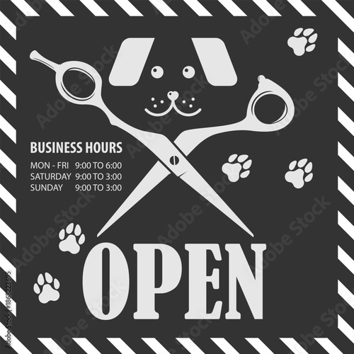 Open Pet Grooming Salon Sign With Scissors And Paw Prints