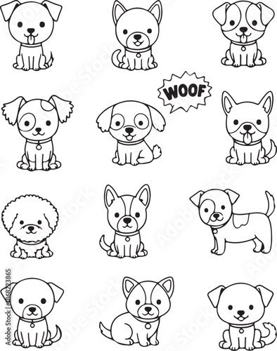A black and white line art grid of eleven adorable cartoon puppies in sitting and standing poses, featuring a jagged "WOOF" speech bubble in a simple, kawaii-inspired minimalist style.