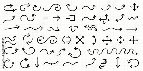An arrangement of diverse handwritten symbols and abstract line drawings