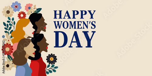Celebrating women s day with floral illustrations and diverse silhouettes of female faces