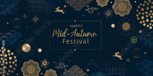 Happy mid autumn festival with golden floral and lunar elements on dark navy