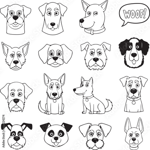 A comprehensive set of sixteen dog breed portraits and full-body illustrations in a clean line art style. Includes a "WOOF!" speech bubble, ideal for pet-themed coloring pages and creative icons.
