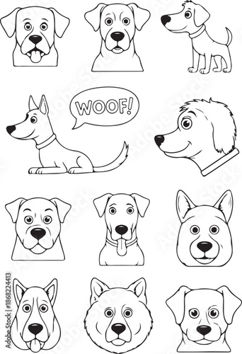 A black and white line art collection featuring various dog head portraits and full-body poses, including a sitting dog, a dog lying down, and a "WOOF!" speech bubble.
