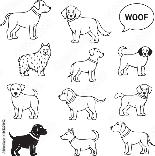 A black and white line art grid featuring eleven unique dog characters in various standing and alert poses, accompanied by a "WOOF" speech bubble in a clean, minimalist style.