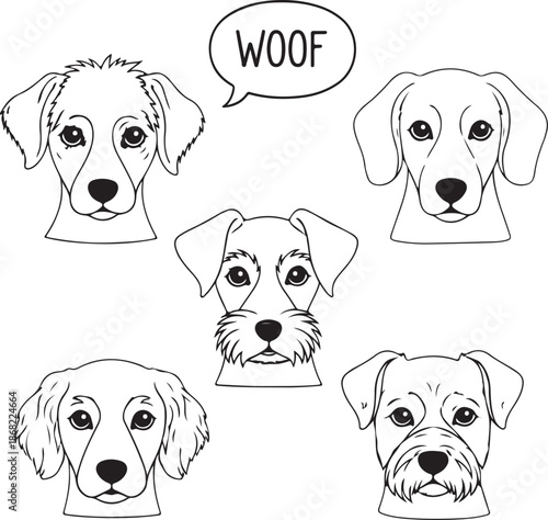 A charming set of five detailed dog breed portraits in a clean line art style. Includes a "WOOF" speech bubble, making it a perfect template for pet-themed coloring pages and creative designs.