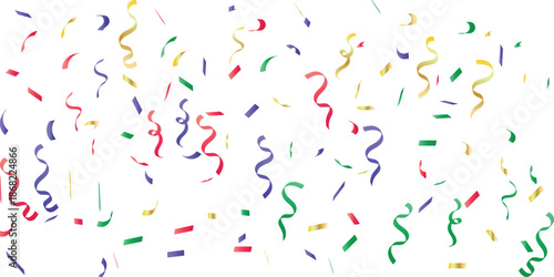 Colorful confetti and ribbons scattered isolated on white background for celebration